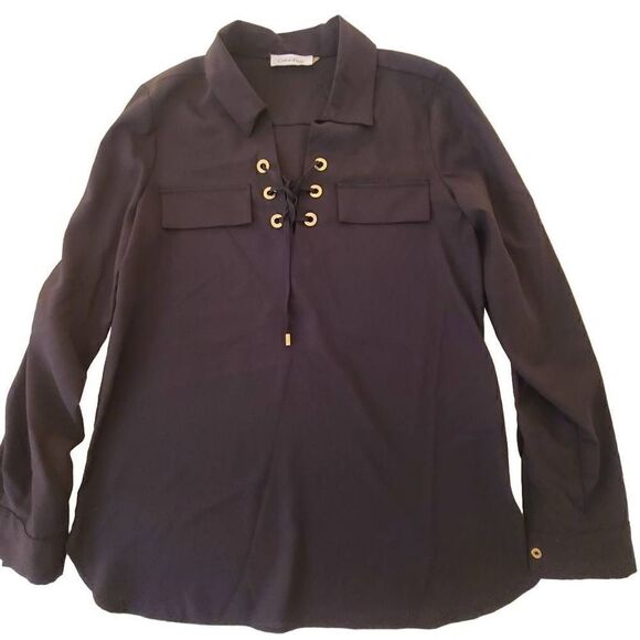 Calvin Klein Womens Black Gromit Tie V Neck Collared Roll Tab Sleeves Blouse - Picture 1 of 9
